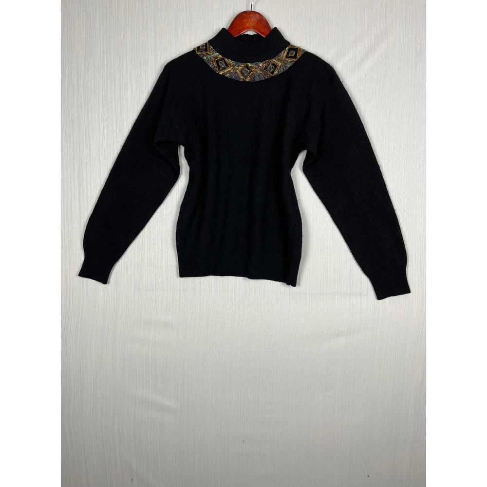 VTG Beaded‎ Mock Neck Sweater Womens S Black Lambswool Angora Glam 90s